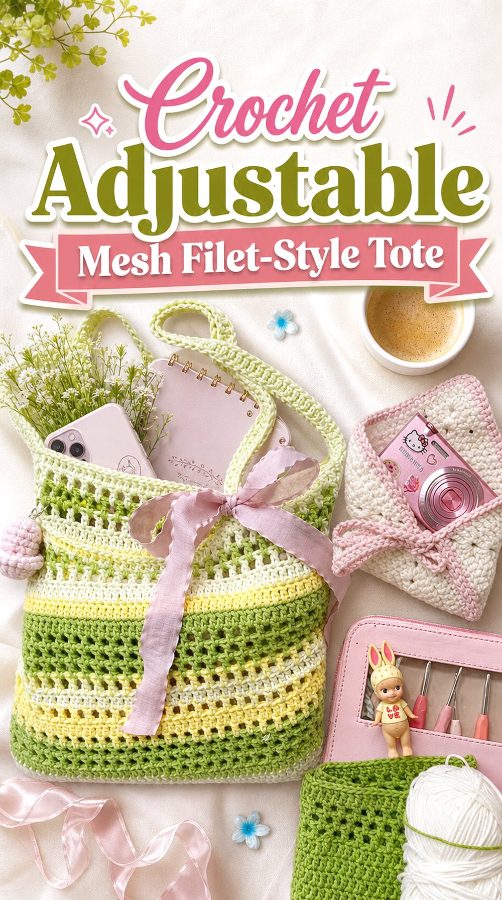 Crochet Adjustable Mesh Filet Style Tote