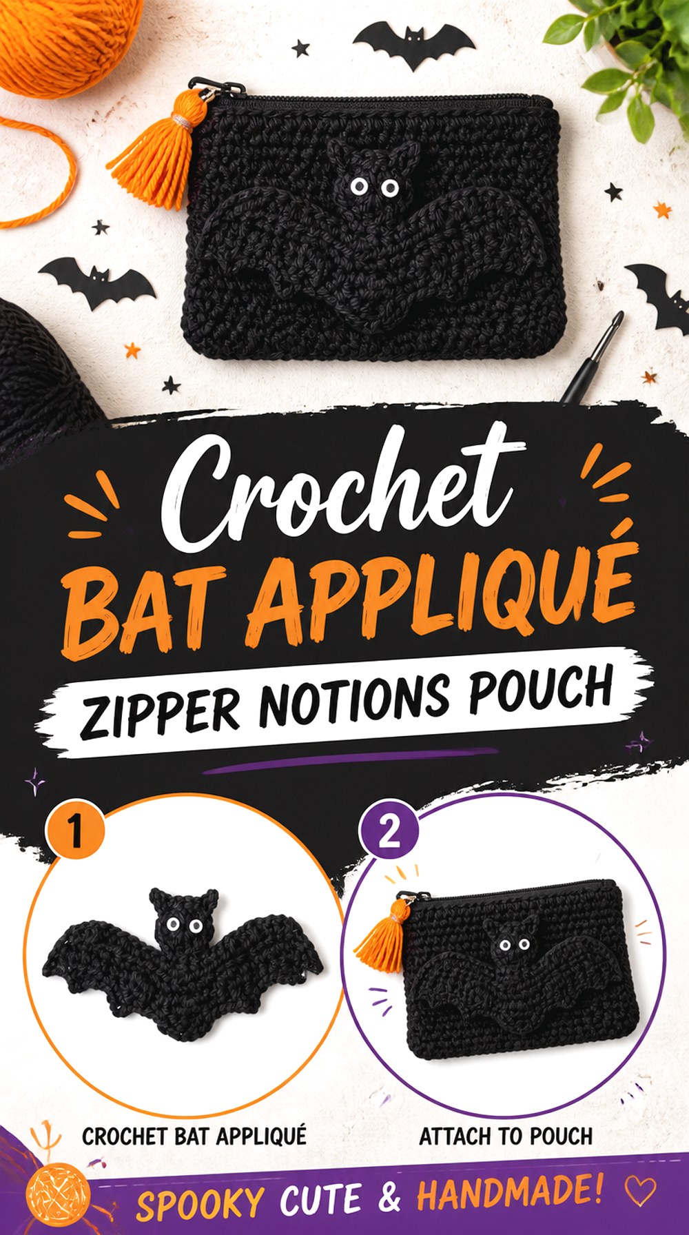 Crochet Bat Appliqué Zipper Notions Pouch