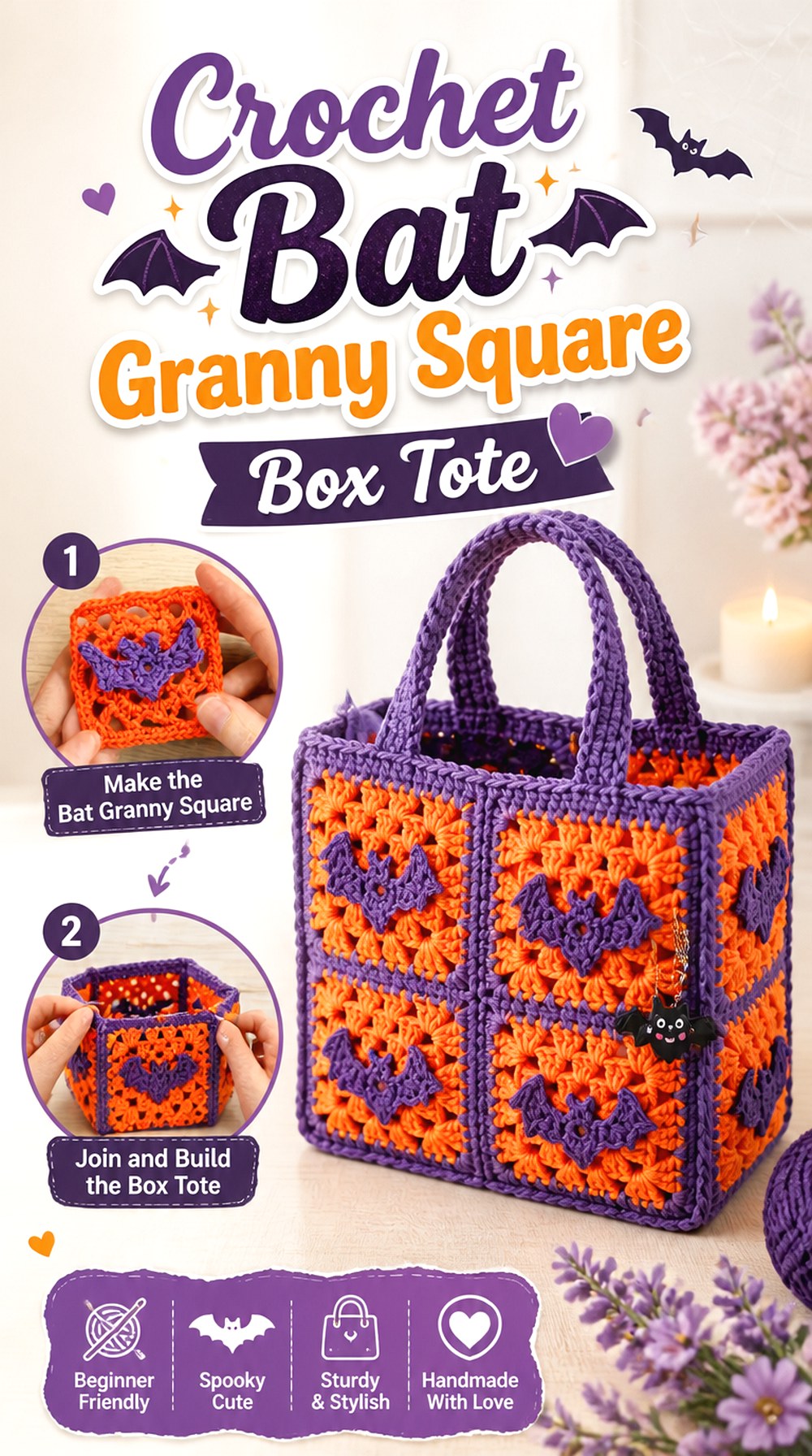 Crochet Bat Granny Square Box Tote