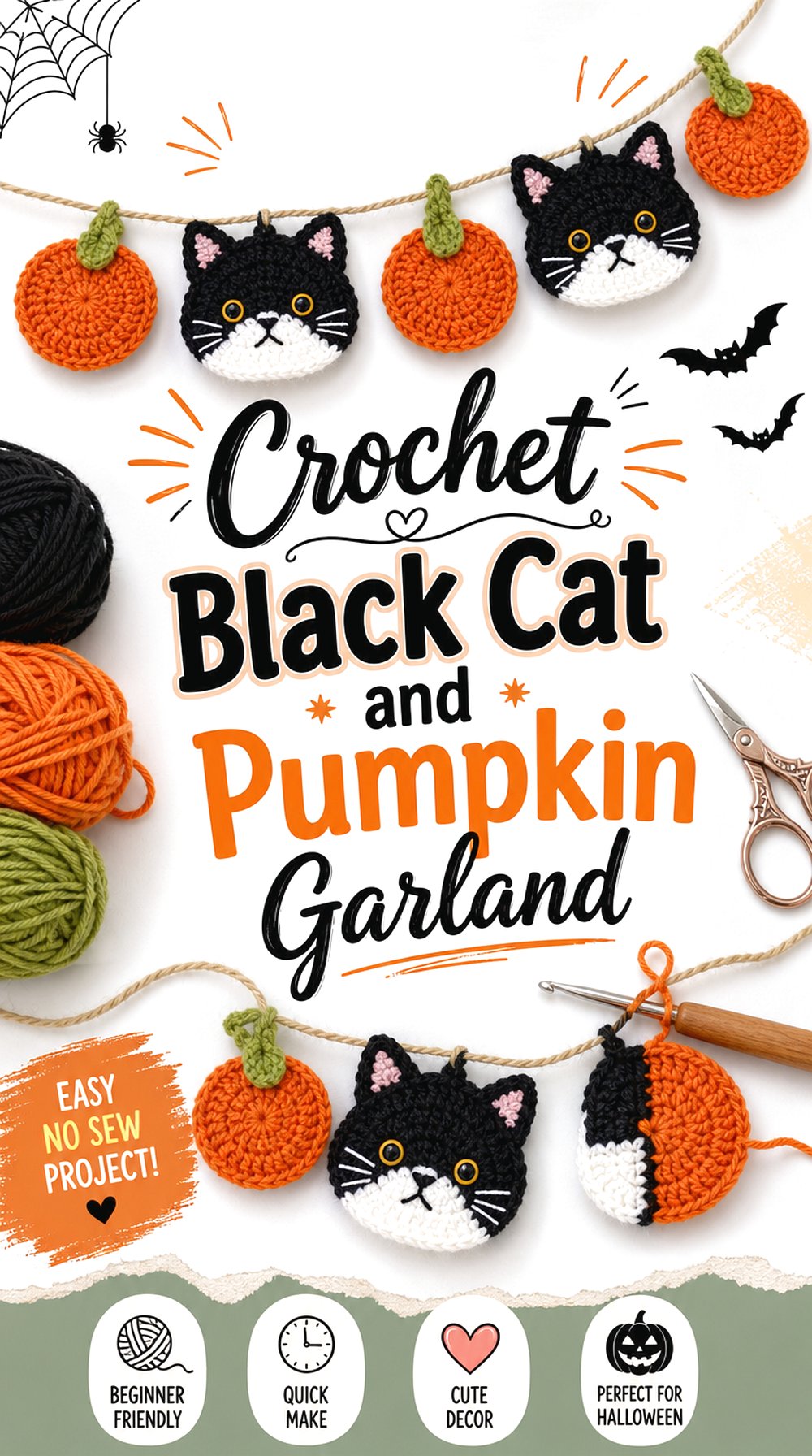 Crochet Black Cat and Pumpkin Garland