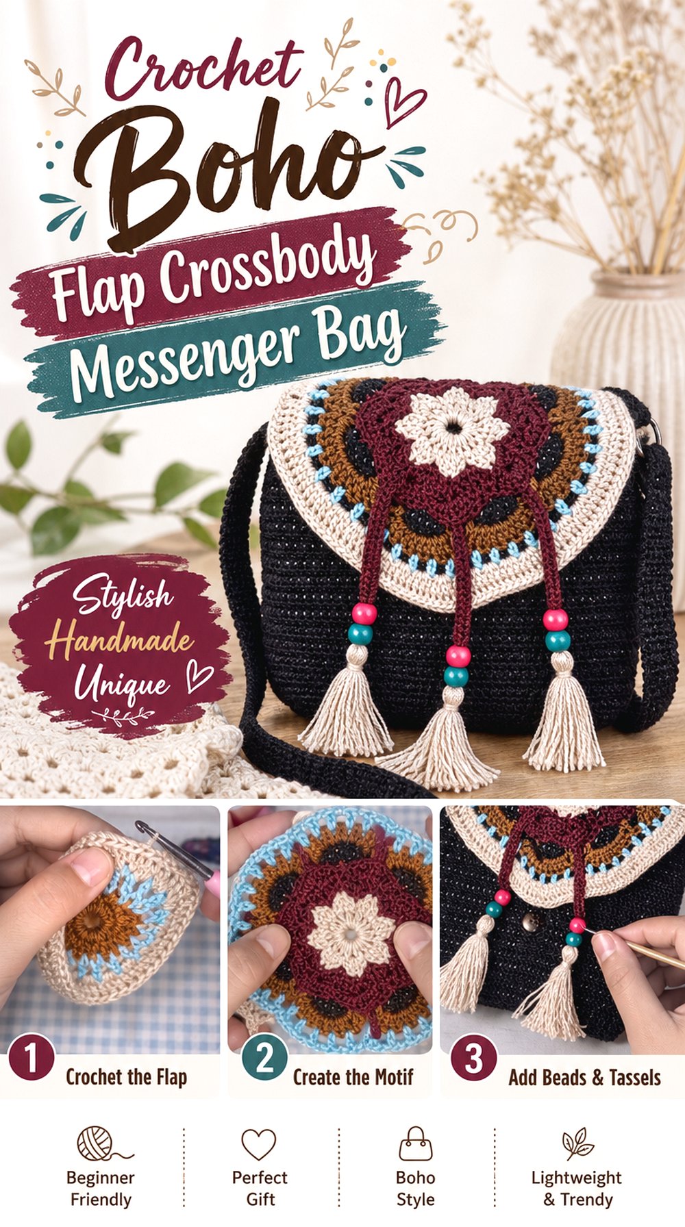 Crochet Boho Flap Crossbody Messenger Bag