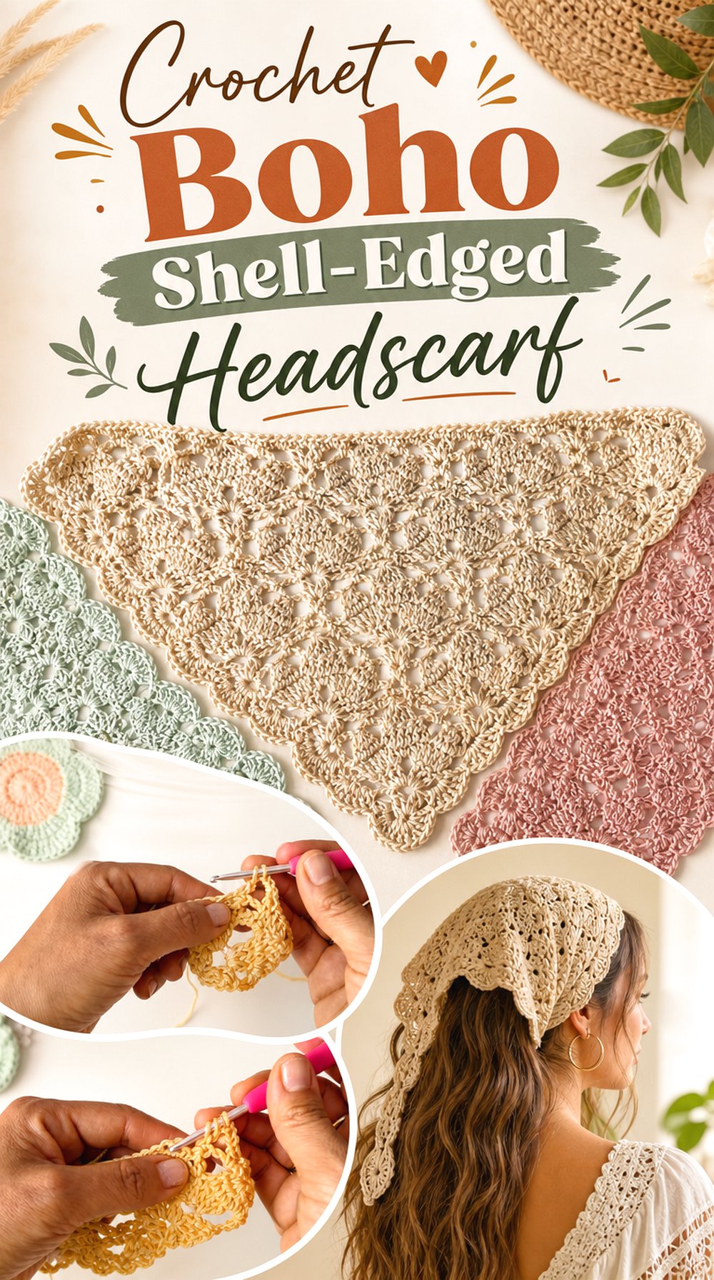 Crochet Boho Shell Edged Headscarf
