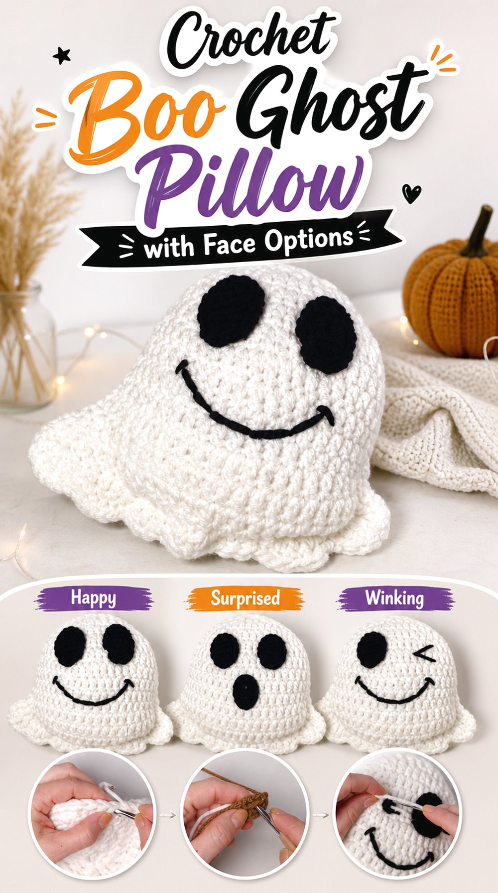 Crochet Boo Ghost Pillow with Face Options