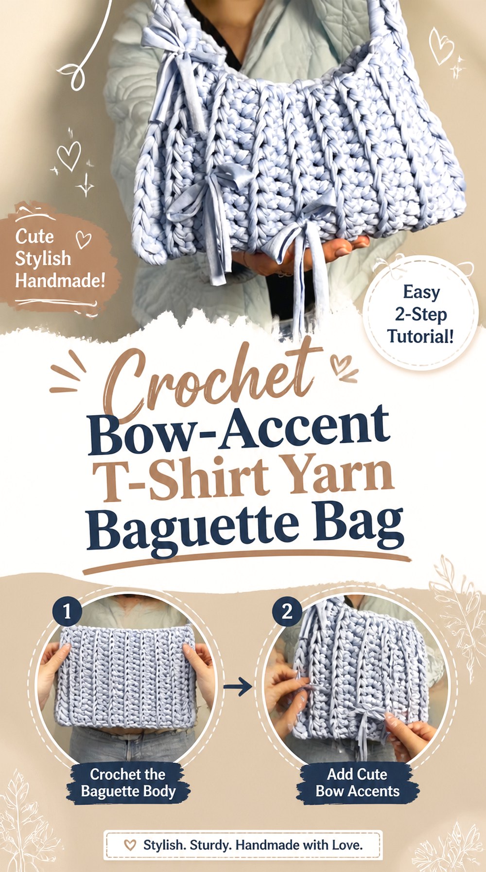 Crochet Bow Accent T Shirt Yarn Baguette Bag
