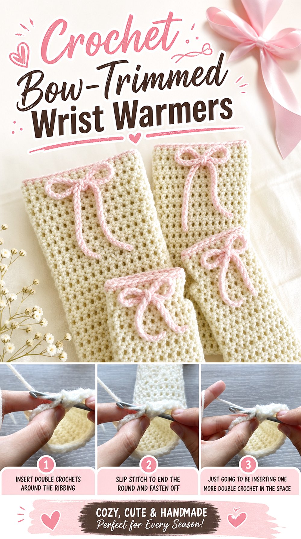 Crochet Bow Trimmed Wrist Warmers