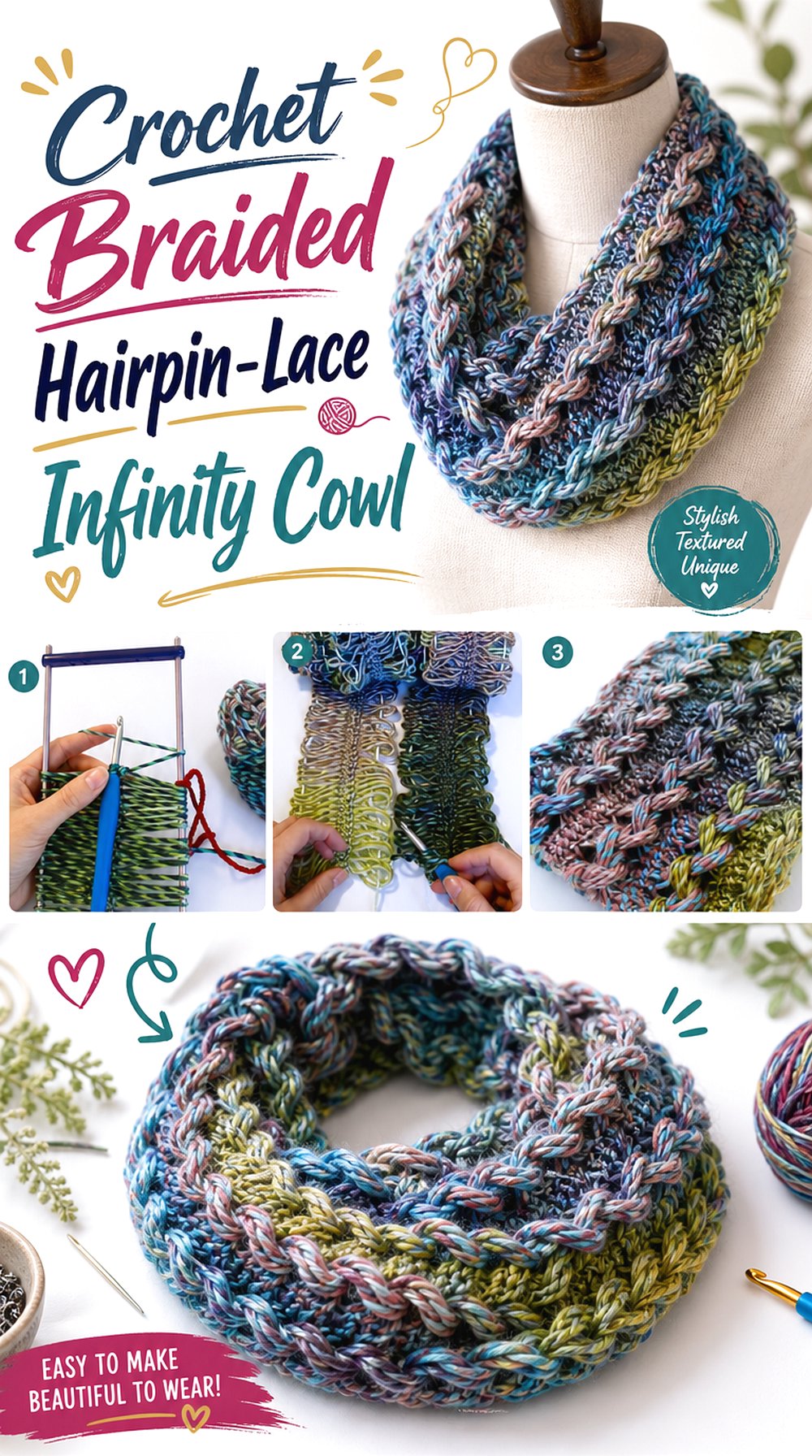 Crochet Braided Hairpin Lace Infinity Cowl