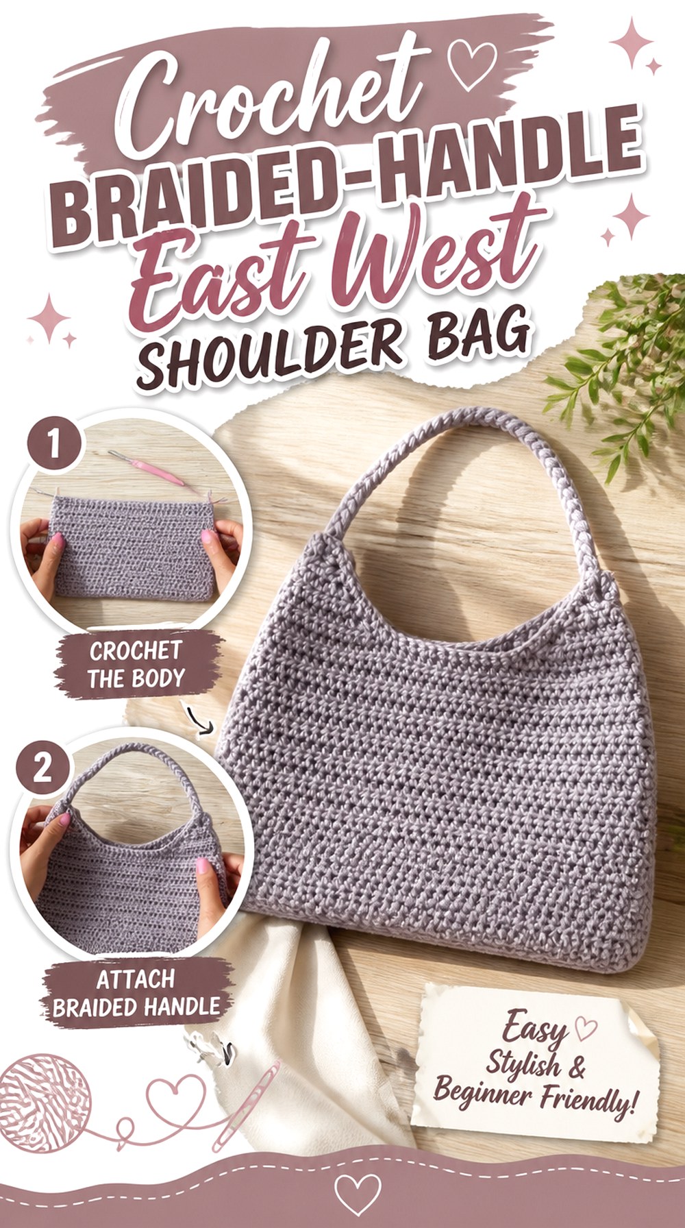Crochet Braided Handle East West Shoulder Bag