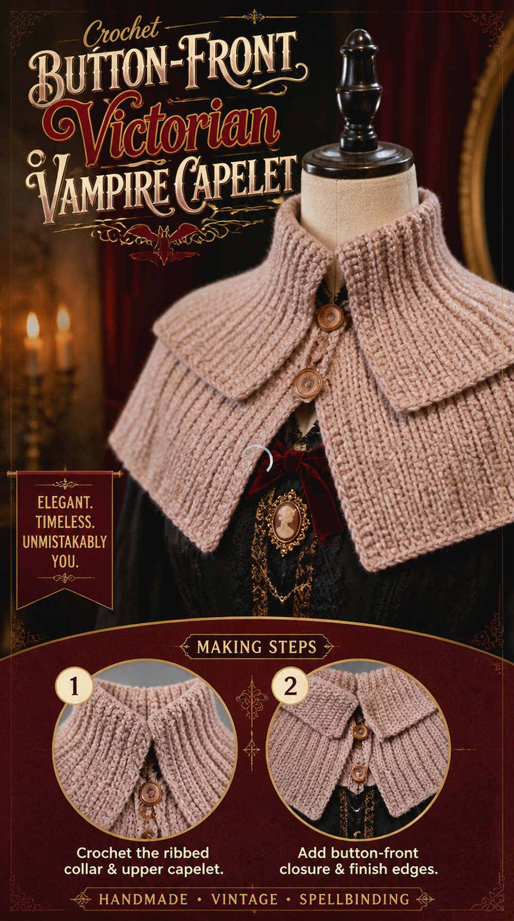 Crochet Button Front Victorian Vampire Capelet
