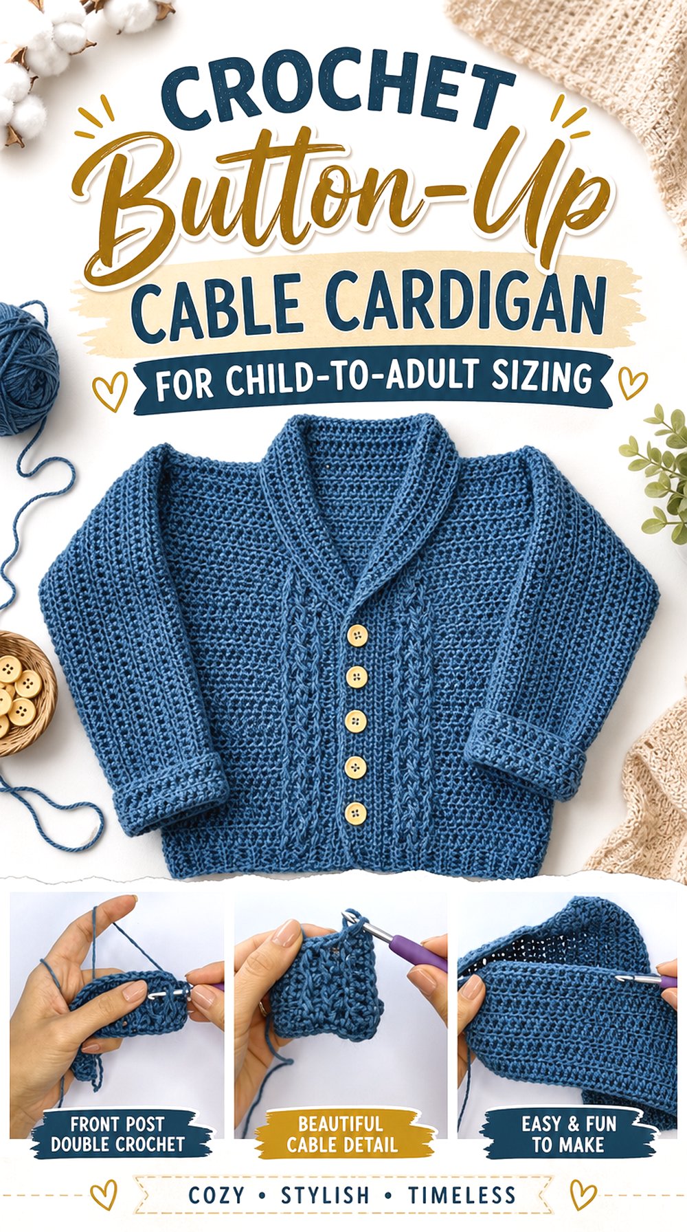 Crochet Button Up Cable Cardigan for Child to Adult Sizing