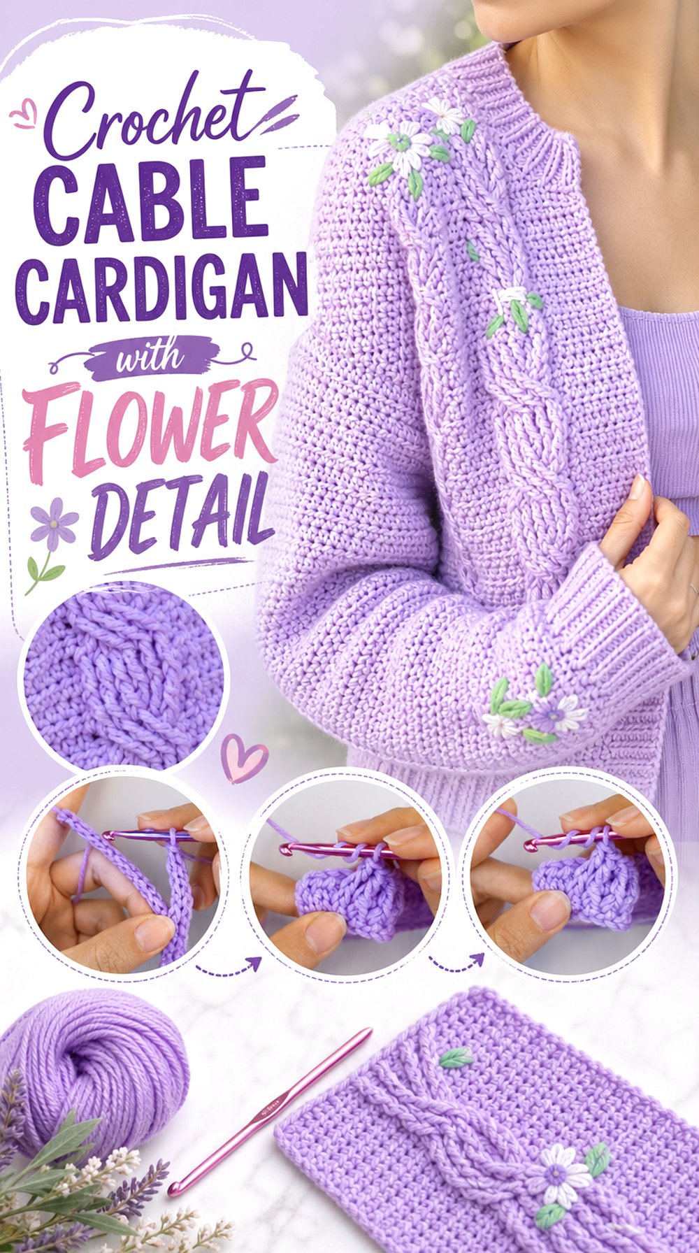 Crochet Cable Cardigan with Flower Detail