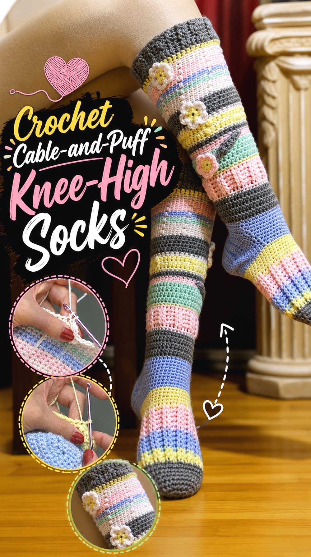 Crochet Cable and Puff Knee High Socks