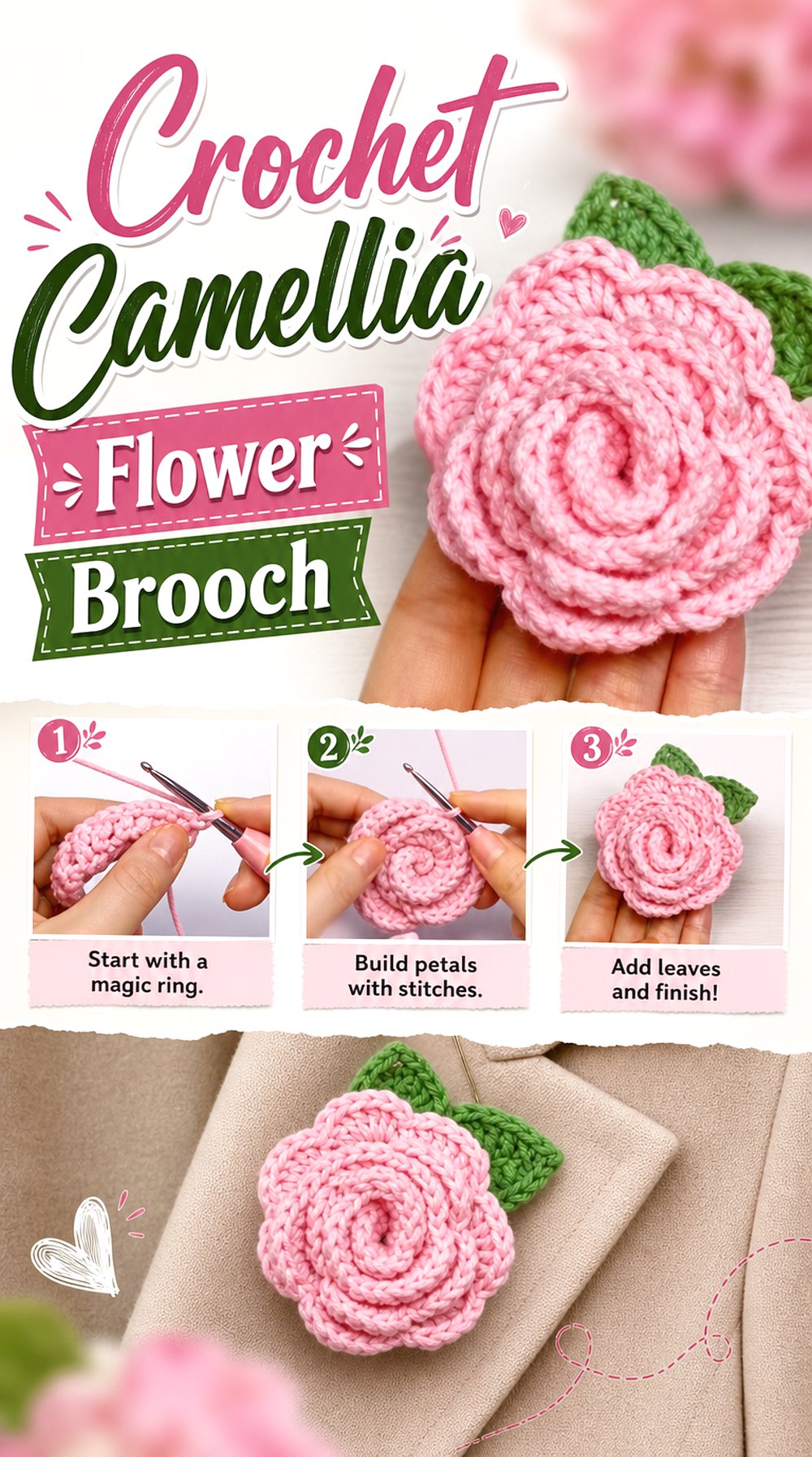 Crochet Camellia Flower Brooch
