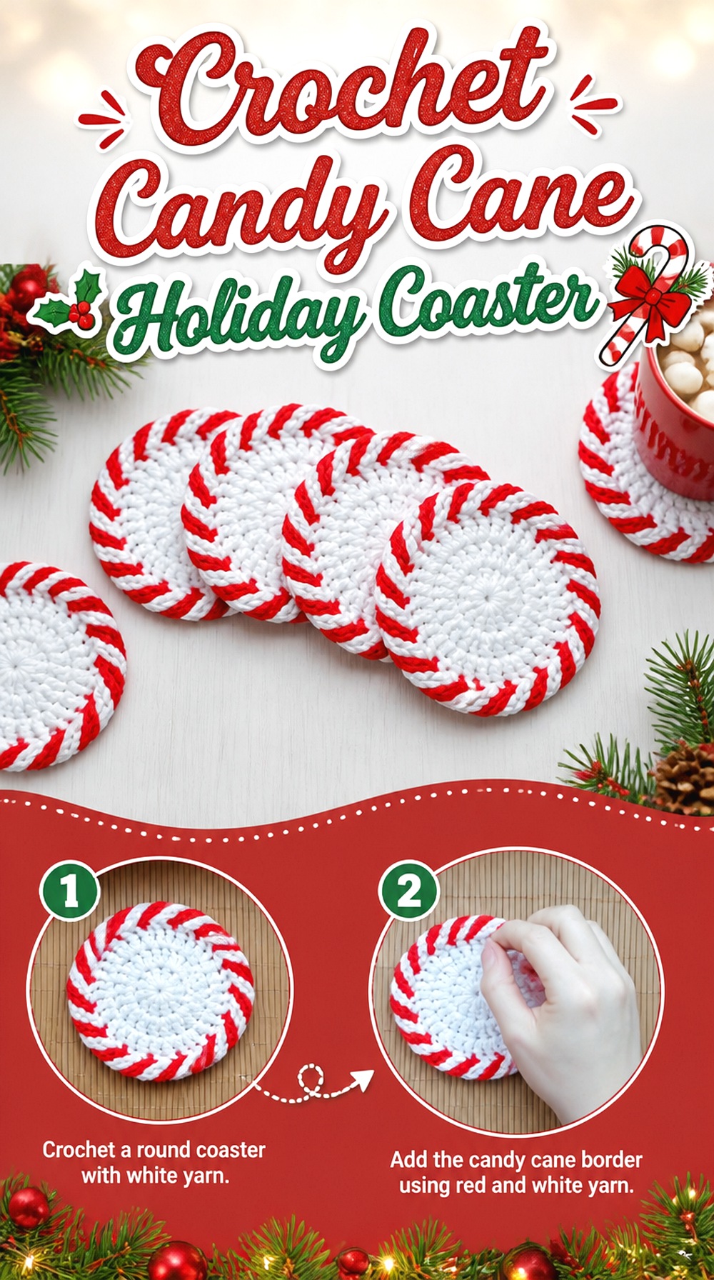 Crochet Candy Cane Holiday Coaster