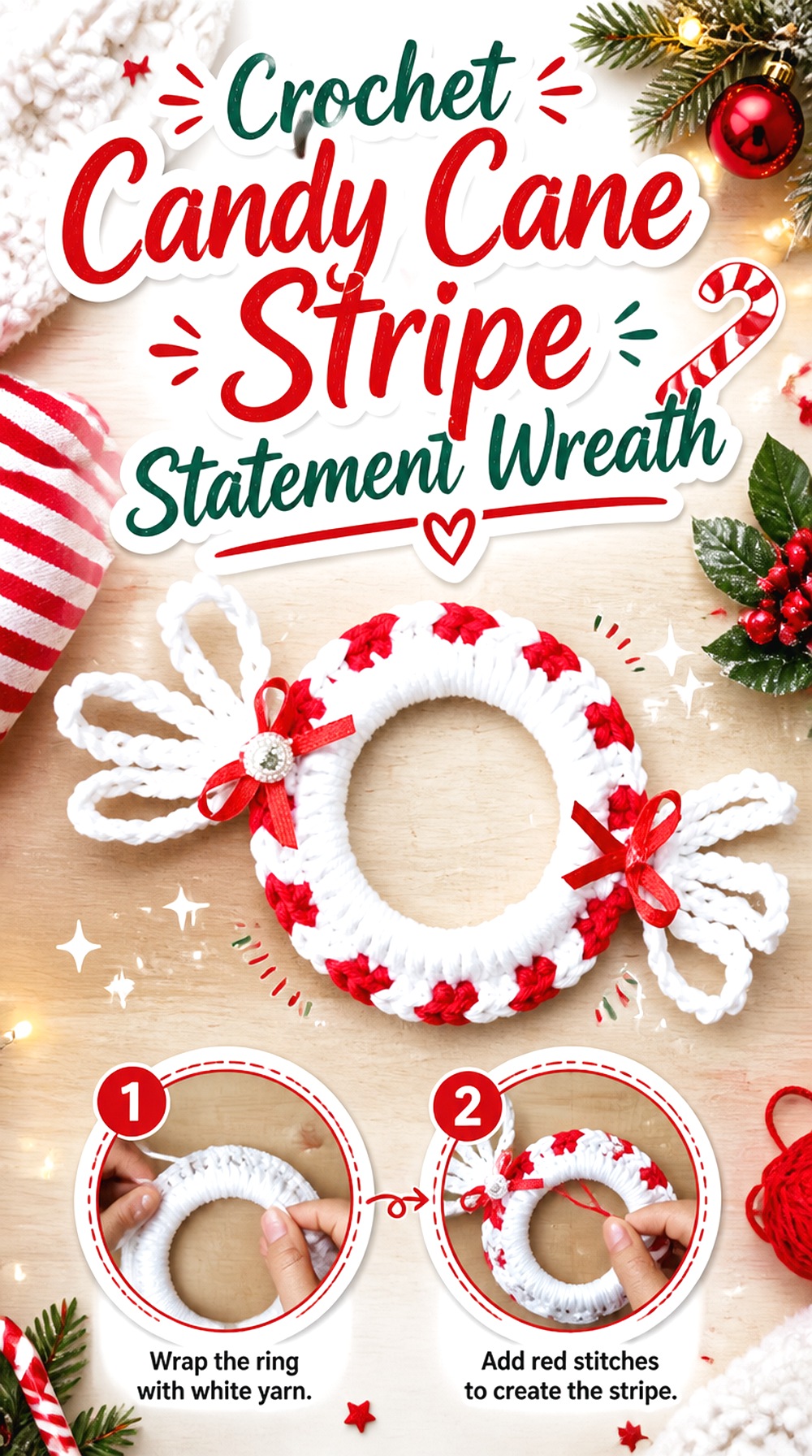Crochet Candy Cane Stripe Statement Wreath