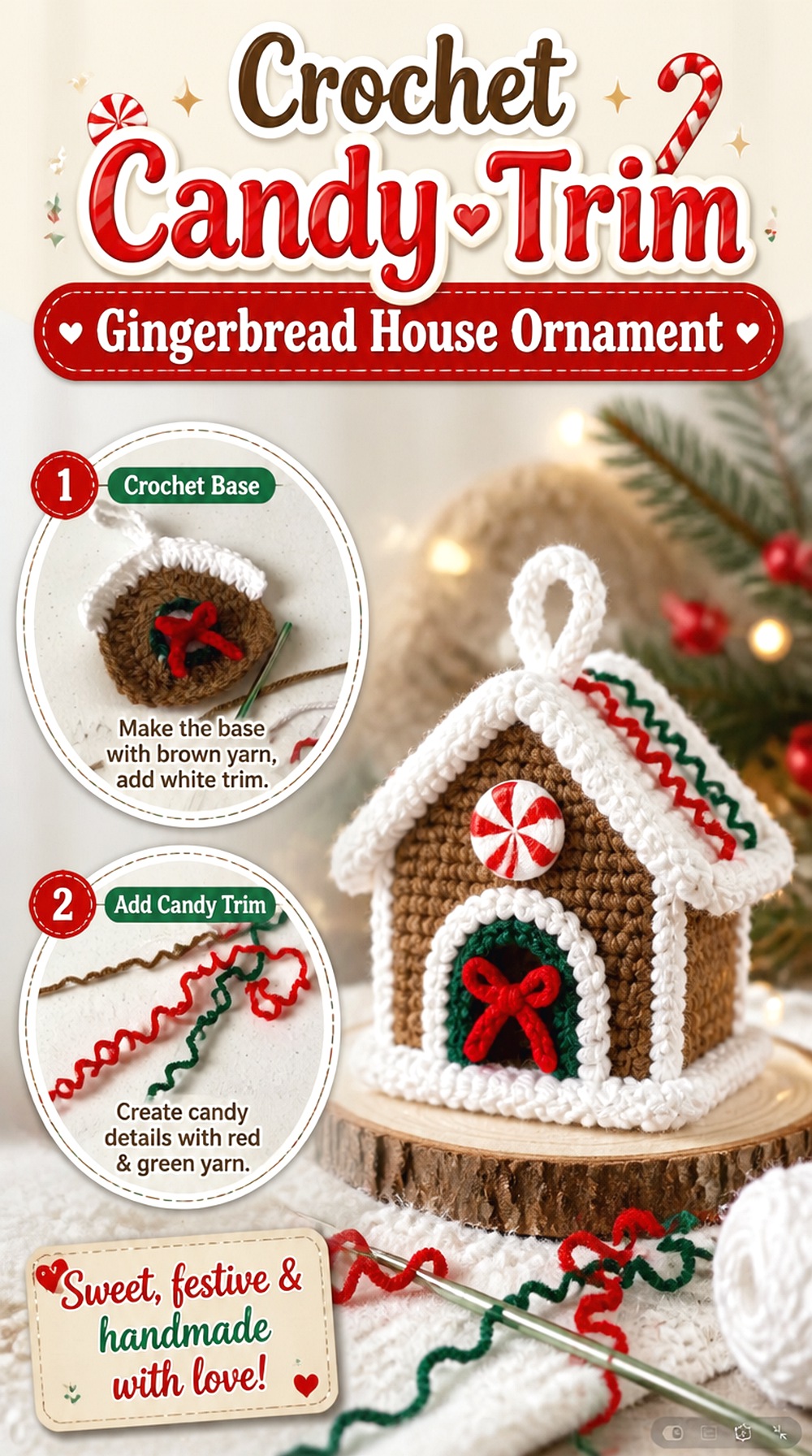 Crochet Candy Trim Gingerbread House Ornament
