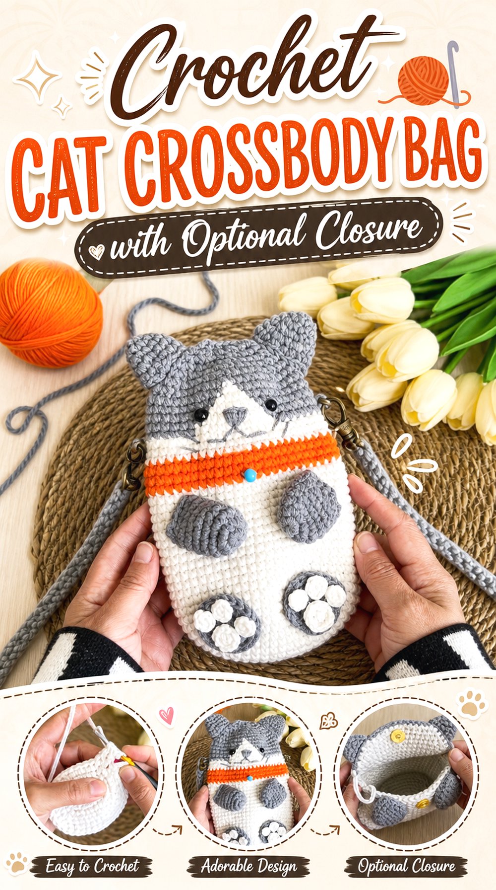 Crochet Cat Crossbody Bag with Optional Closure