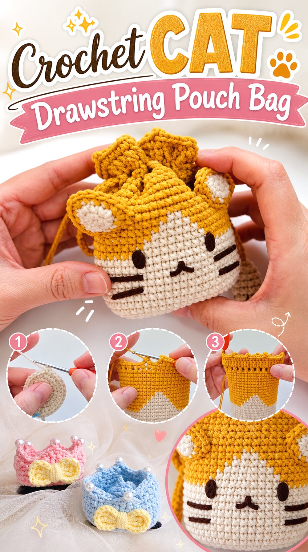 Crochet Cat Drawstring Pouch Bag