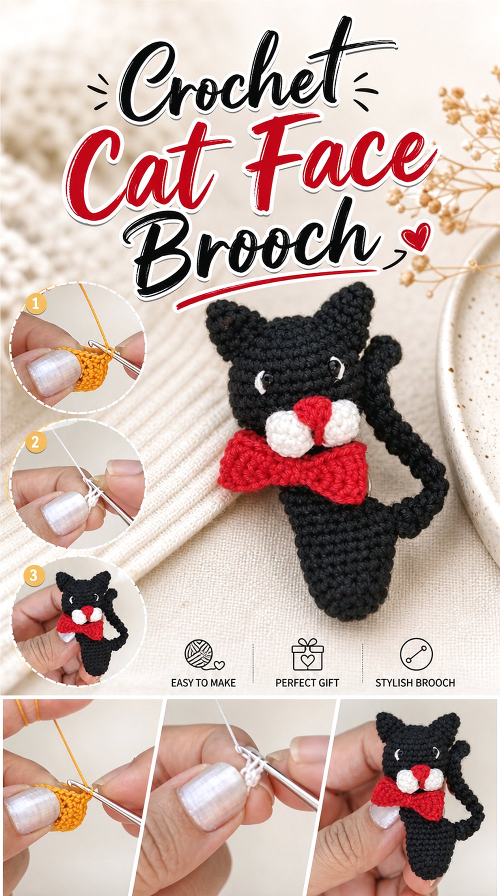 Crochet Cat Face Brooch