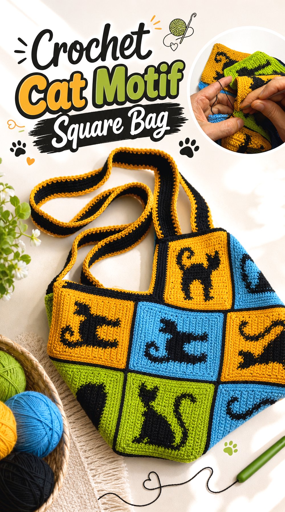 Crochet Cat Motif Square Bag