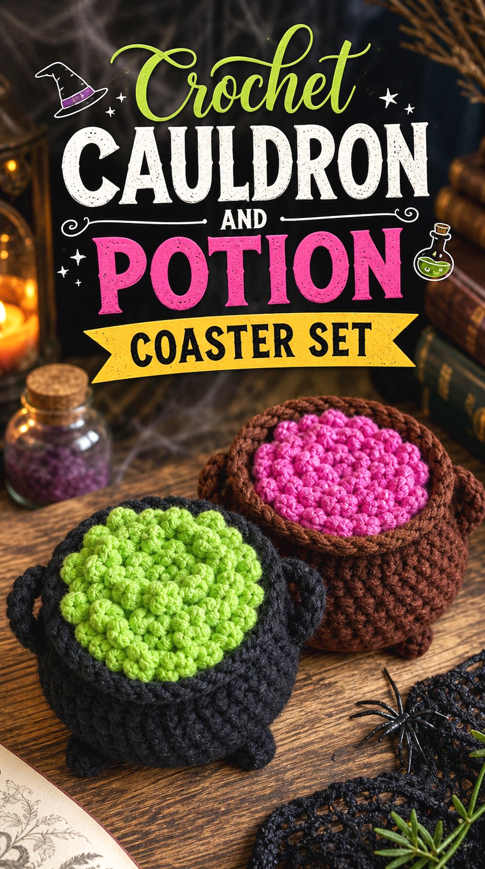 Crochet Cauldron and Potion Coaster Set