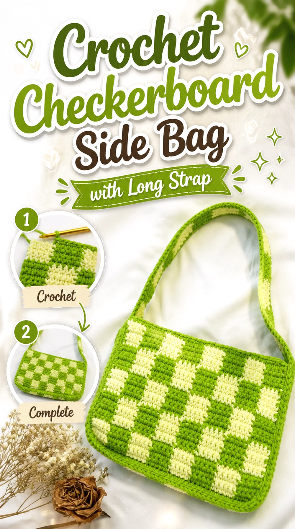 Crochet Checkerboard Side Bag with Long Strap