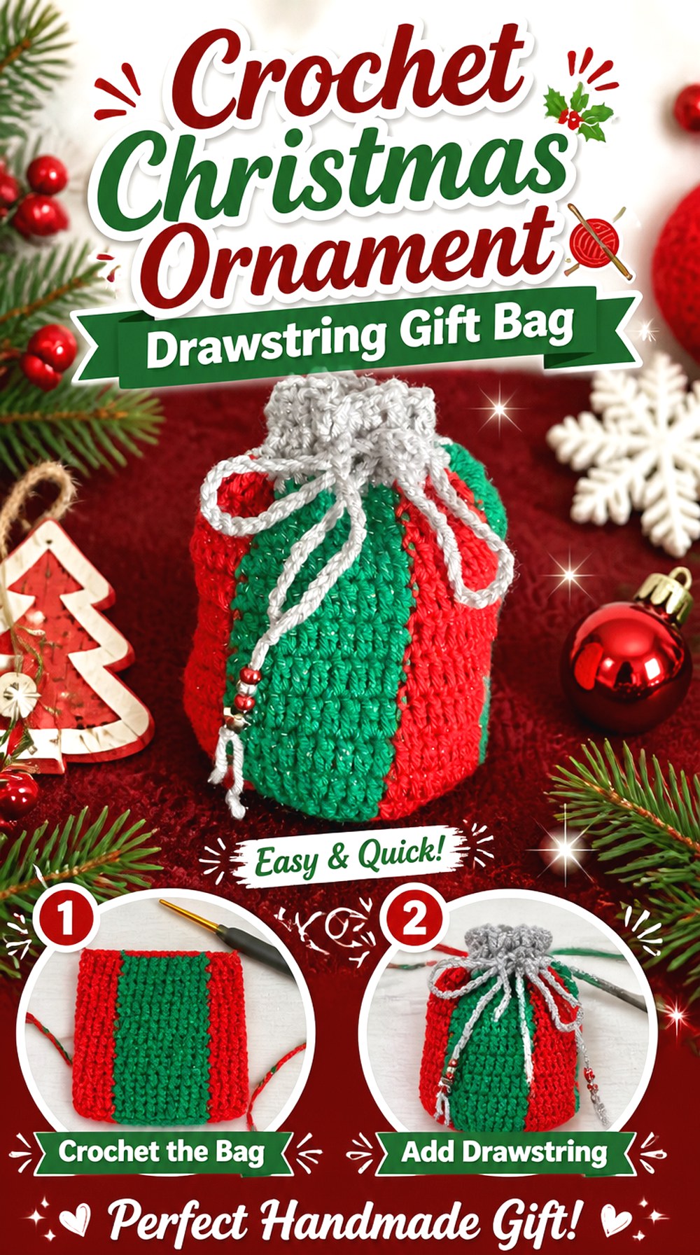 Crochet Christmas Ornament Drawstring Gift Bag