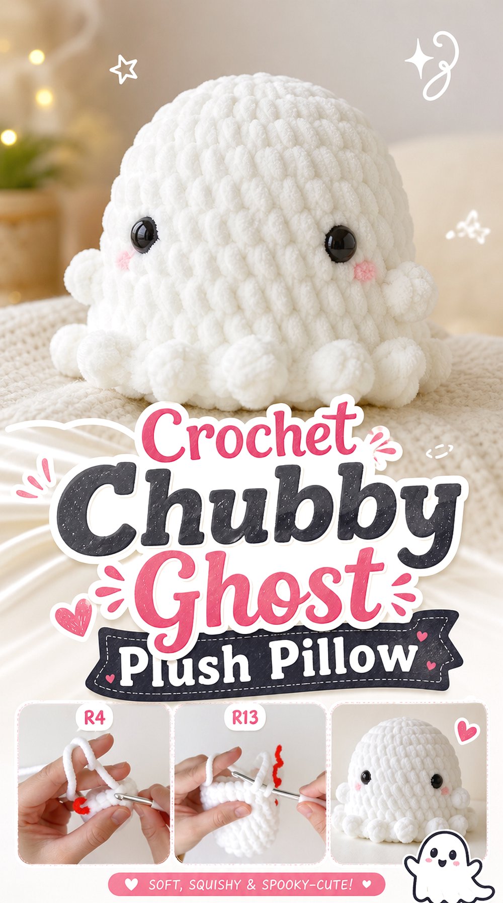Crochet Chubby Ghost Plush Pillow