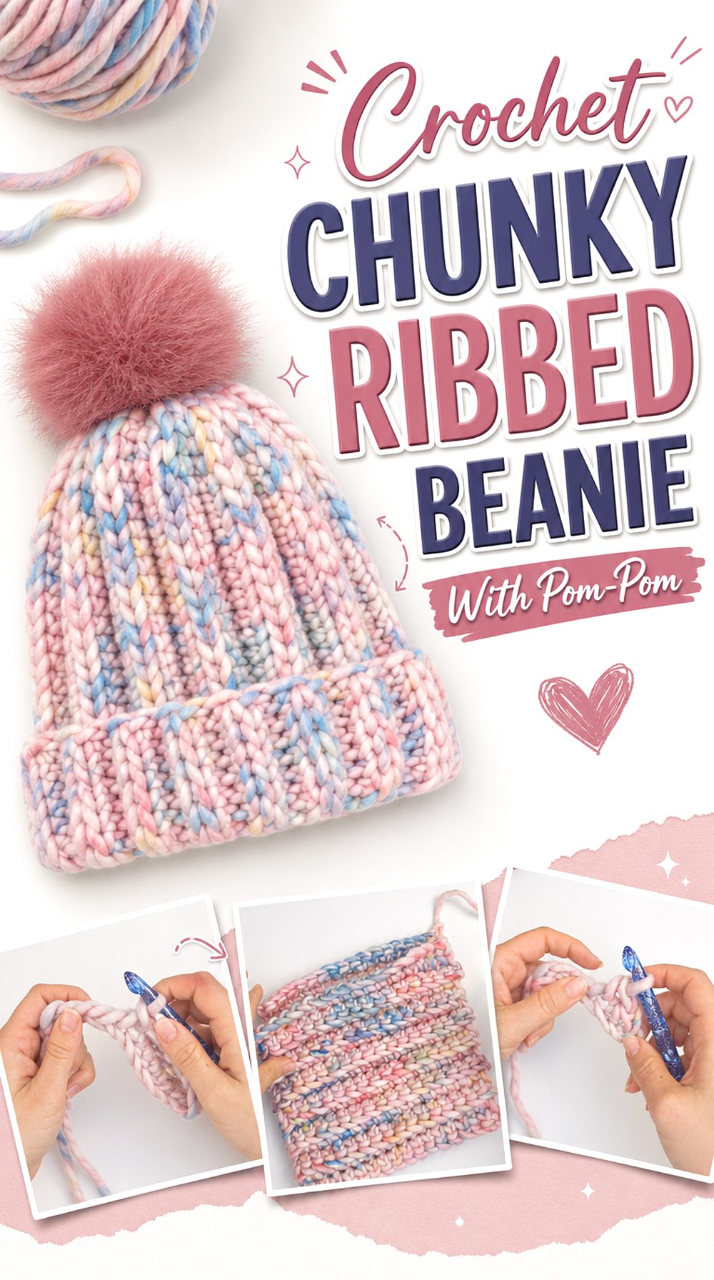 Crochet Chunky Ribbed Beanie With Pom Pom