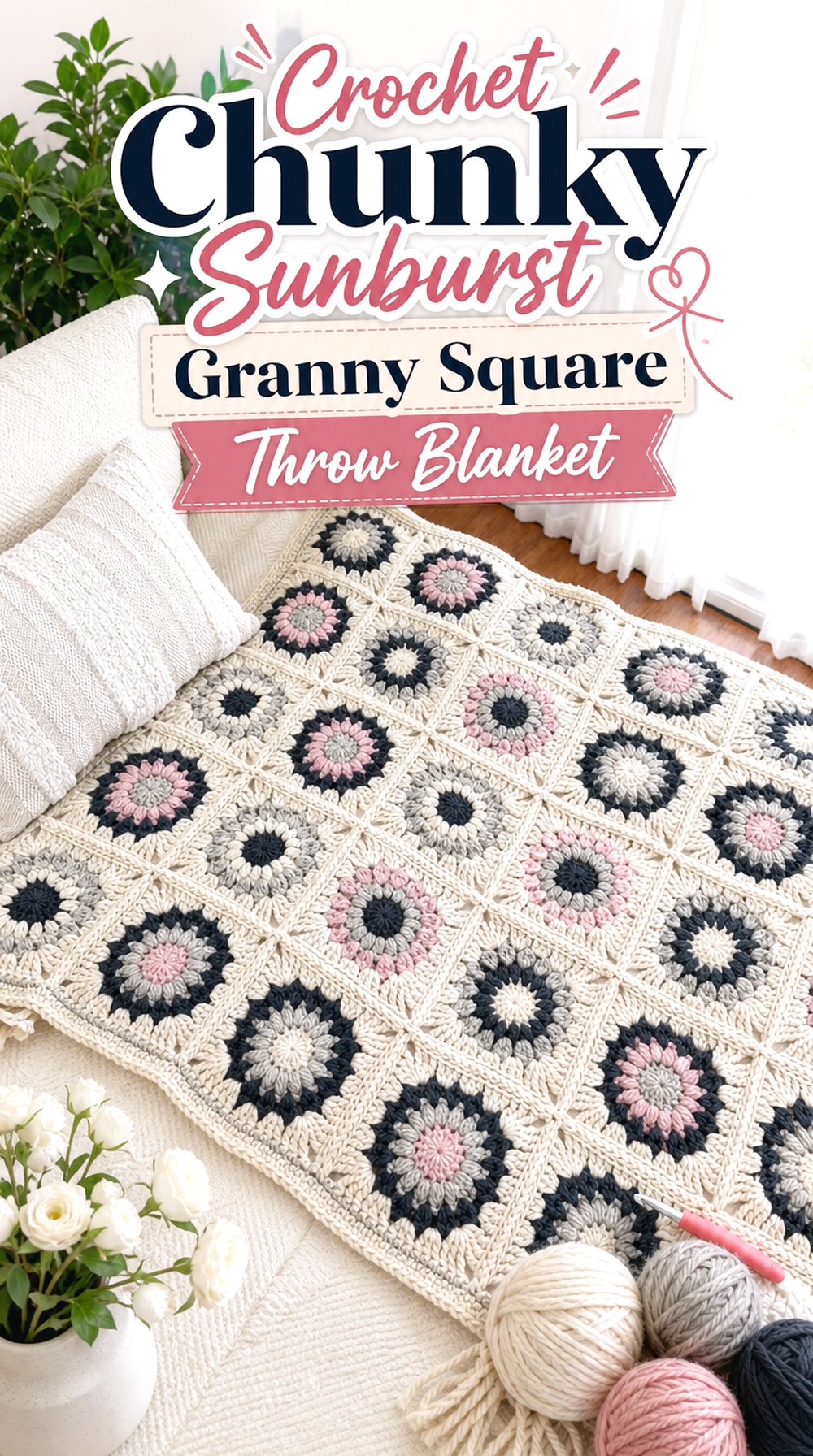 Crochet Chunky Sunburst Granny Square Throw Blanket