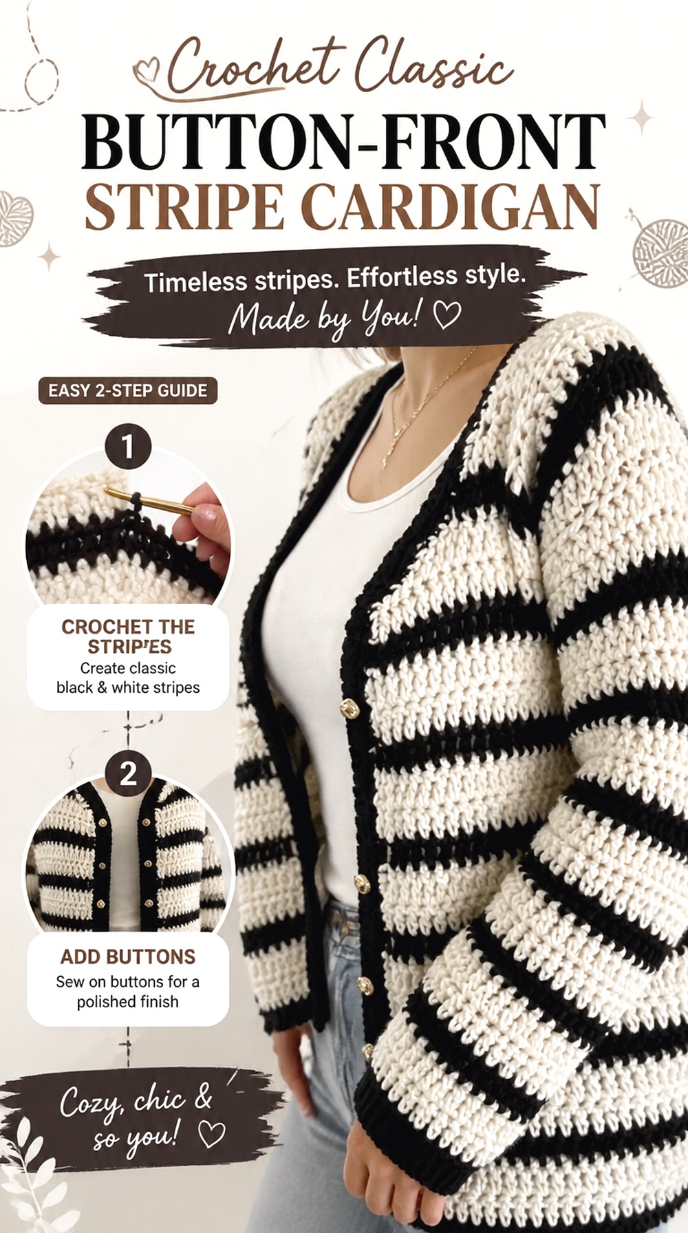 Crochet Classic Button Front Stripe Cardigan