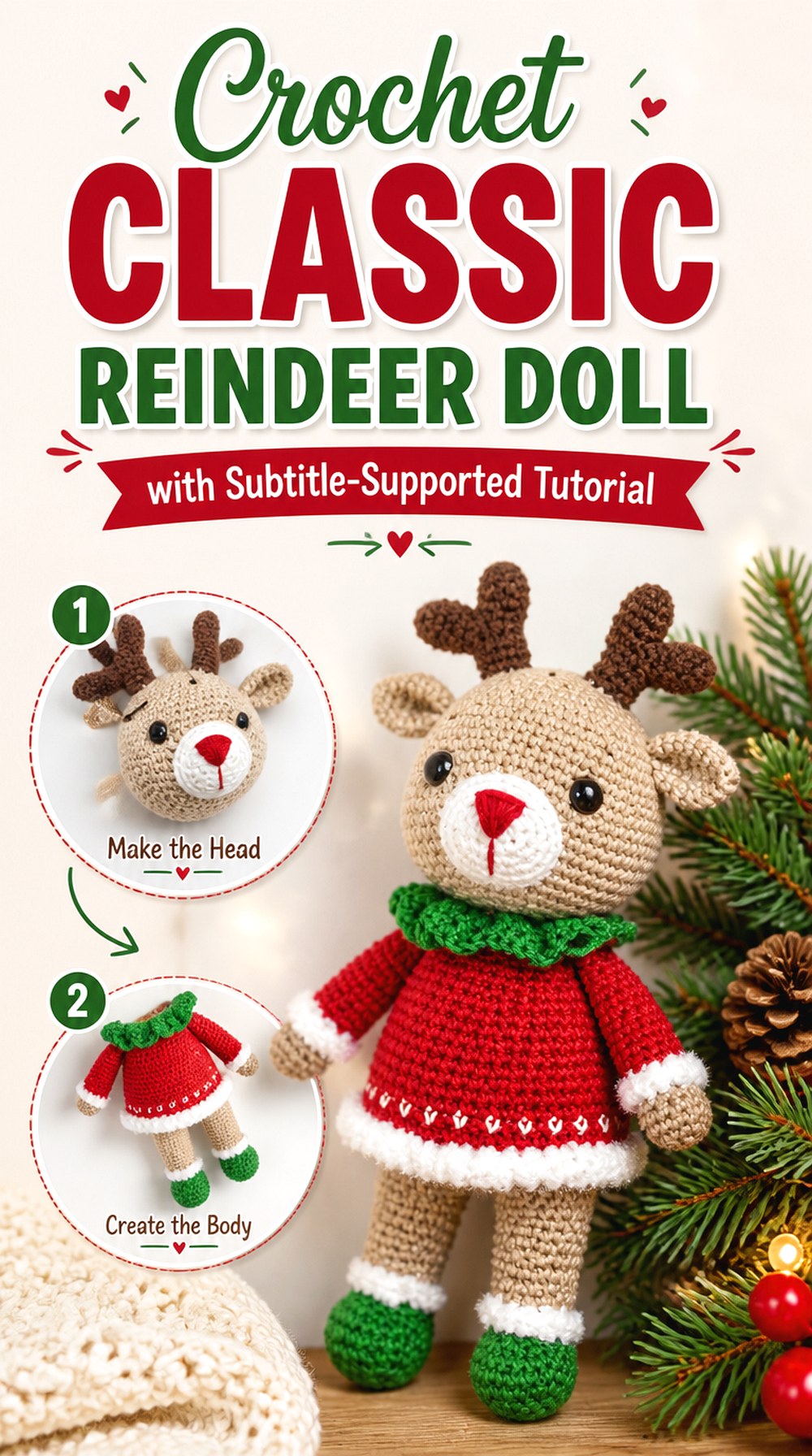 Crochet Classic Reindeer Doll with Subtitle Supported Tutorial
