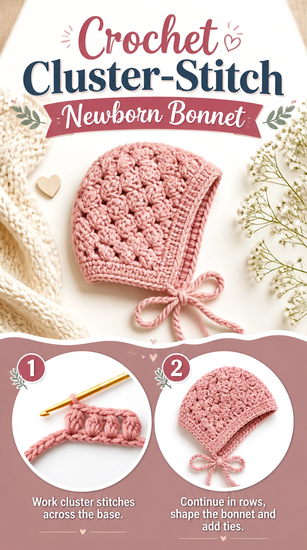 Crochet Cluster Stitch Newborn Bonnet