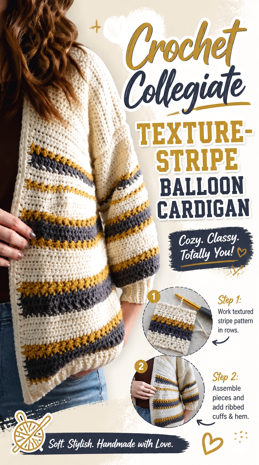 Crochet Collegiate Texture Stripe Balloon Cardigan
