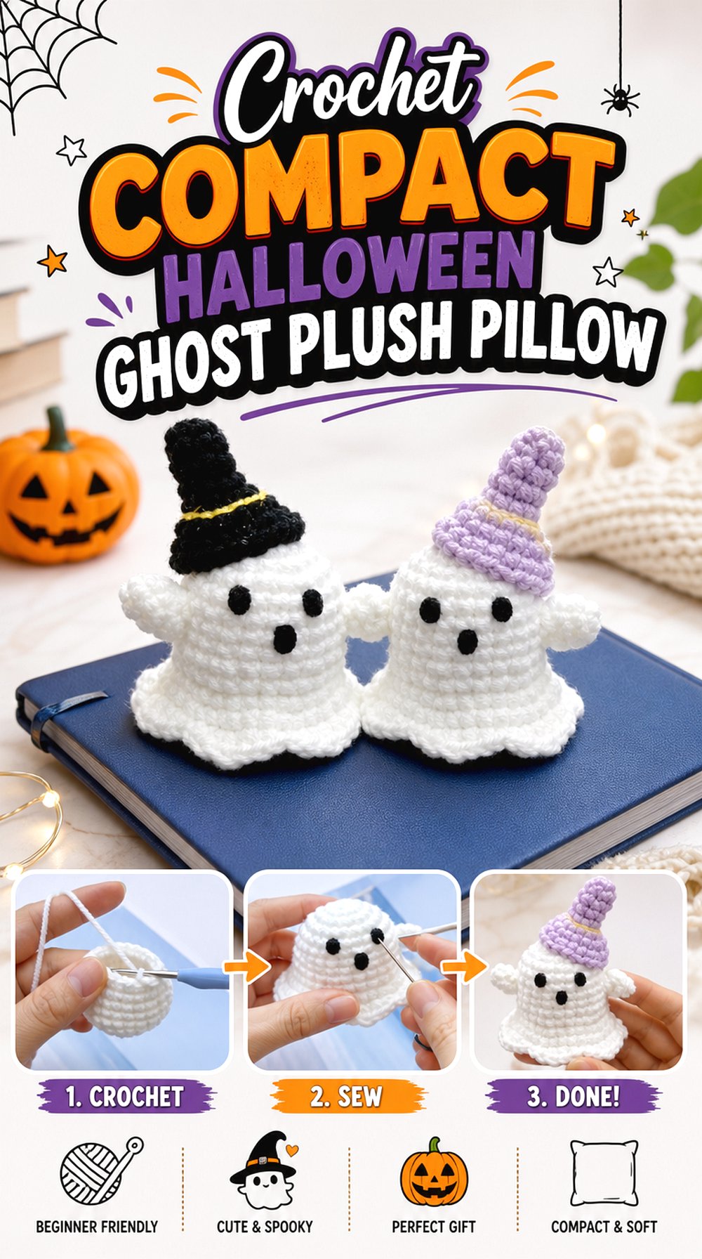 Crochet Compact Halloween Ghost Plush Pillow