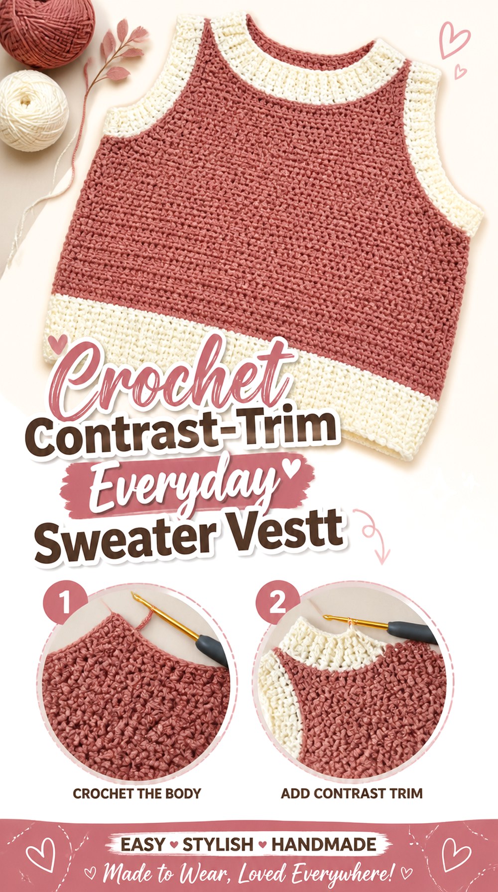 Crochet Contrast Trim Everyday Sweater Vest