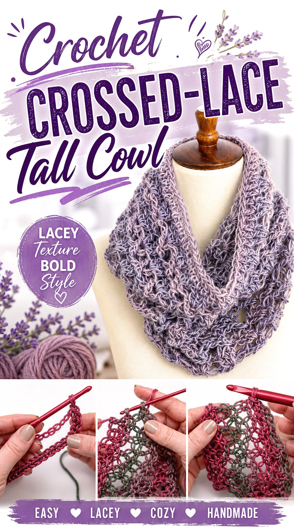 Crochet Crossed Lace Tall Cowl