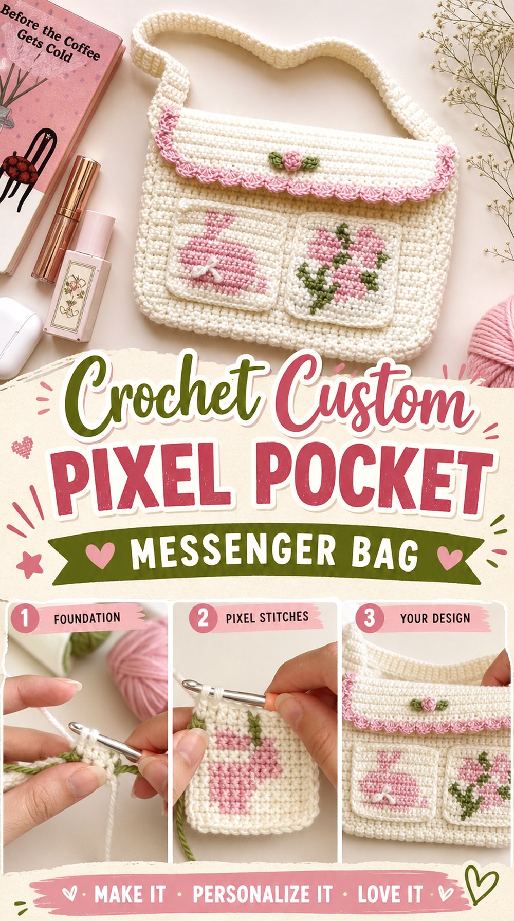 Crochet Custom Pixel Pocket Messenger Bag