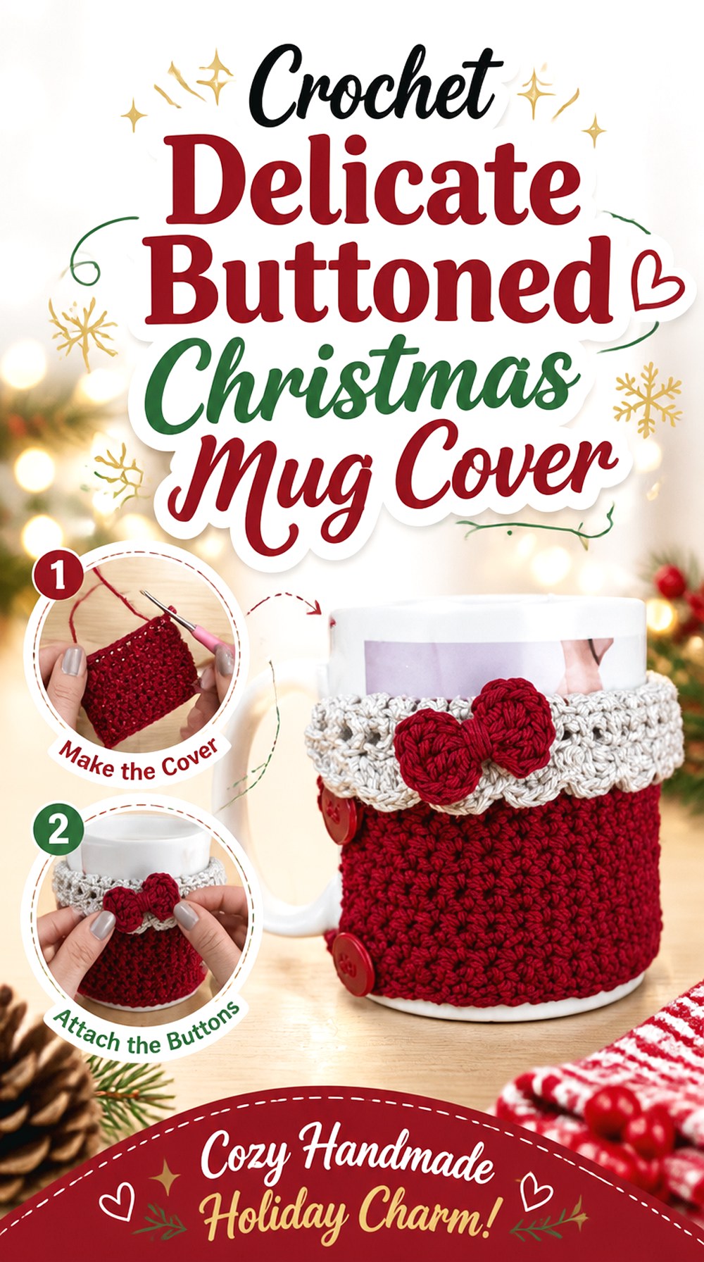 Crochet Delicate Buttoned Christmas Mug Cover