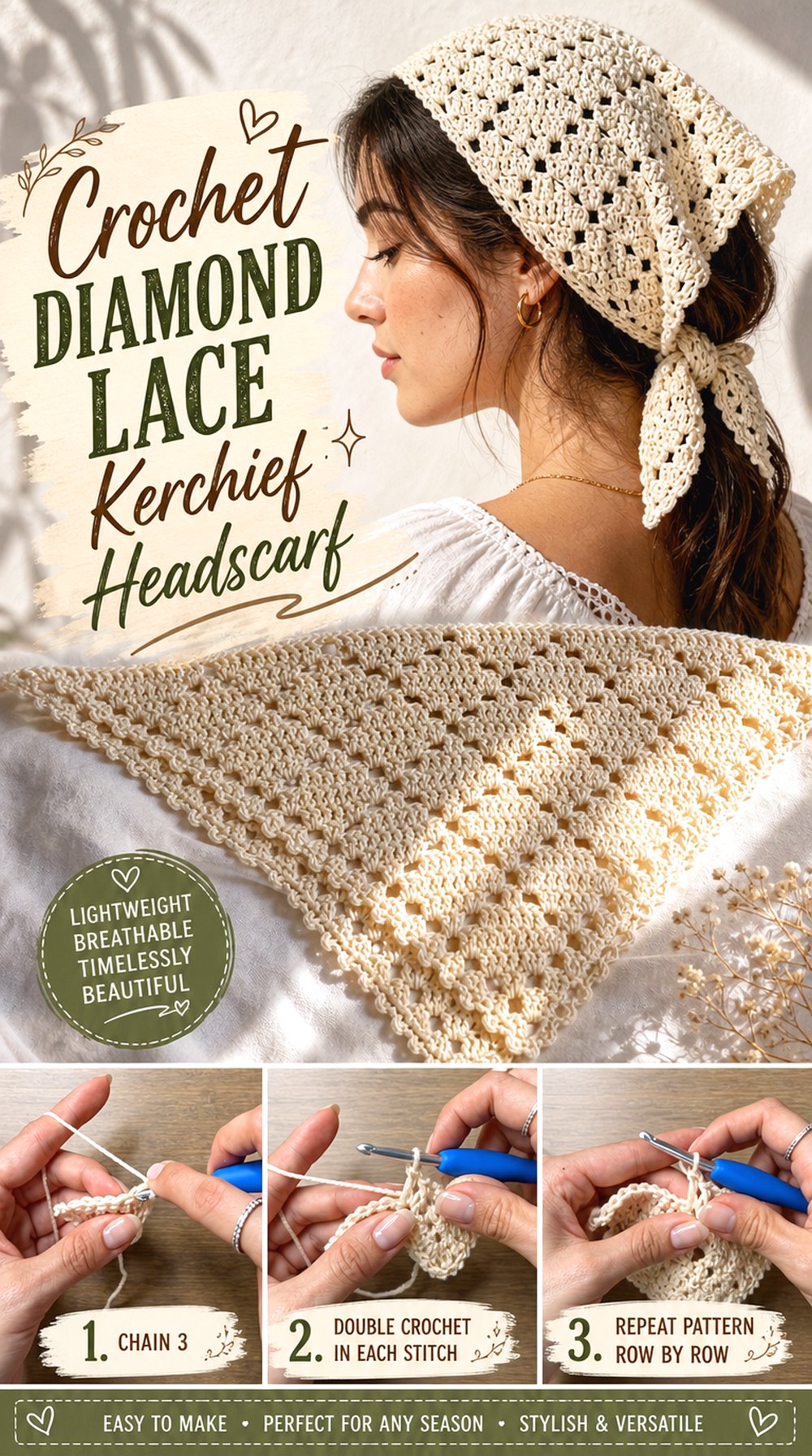 Crochet Diamond Lace Kerchief Headscarf