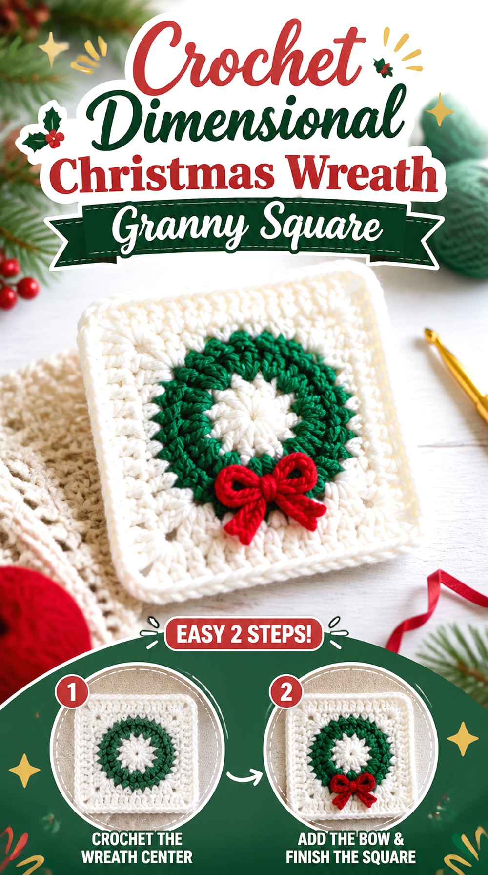 Crochet Dimensional Christmas Wreath Granny Square