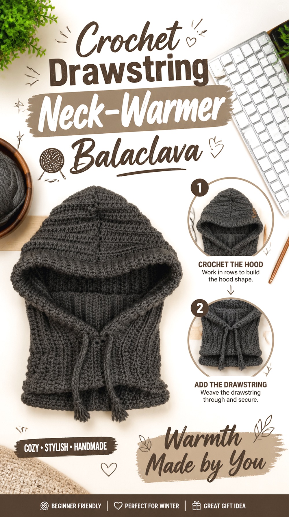 Crochet Drawstring Neck Warmer Balaclava