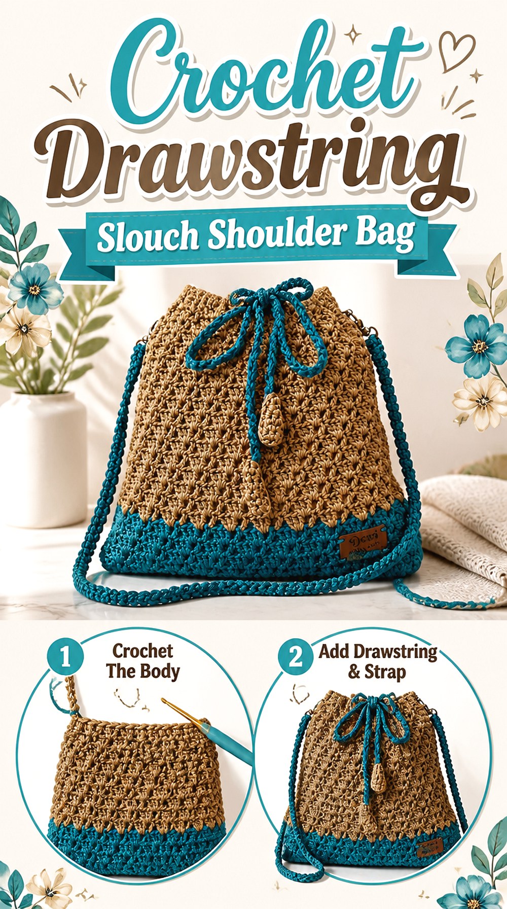 Crochet Drawstring Slouch Shoulder Bag