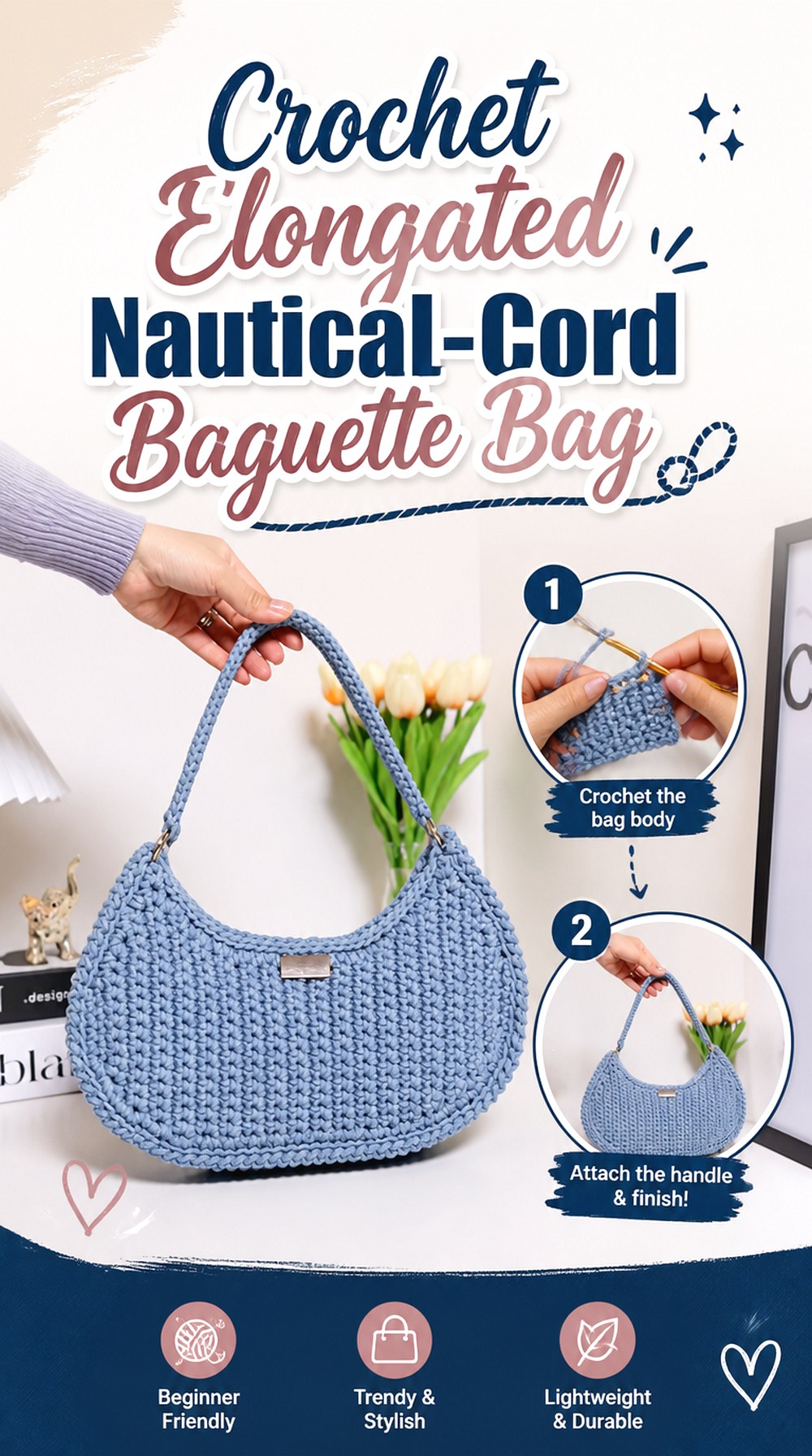 Crochet Elongated Nautical Cord Baguette Bag