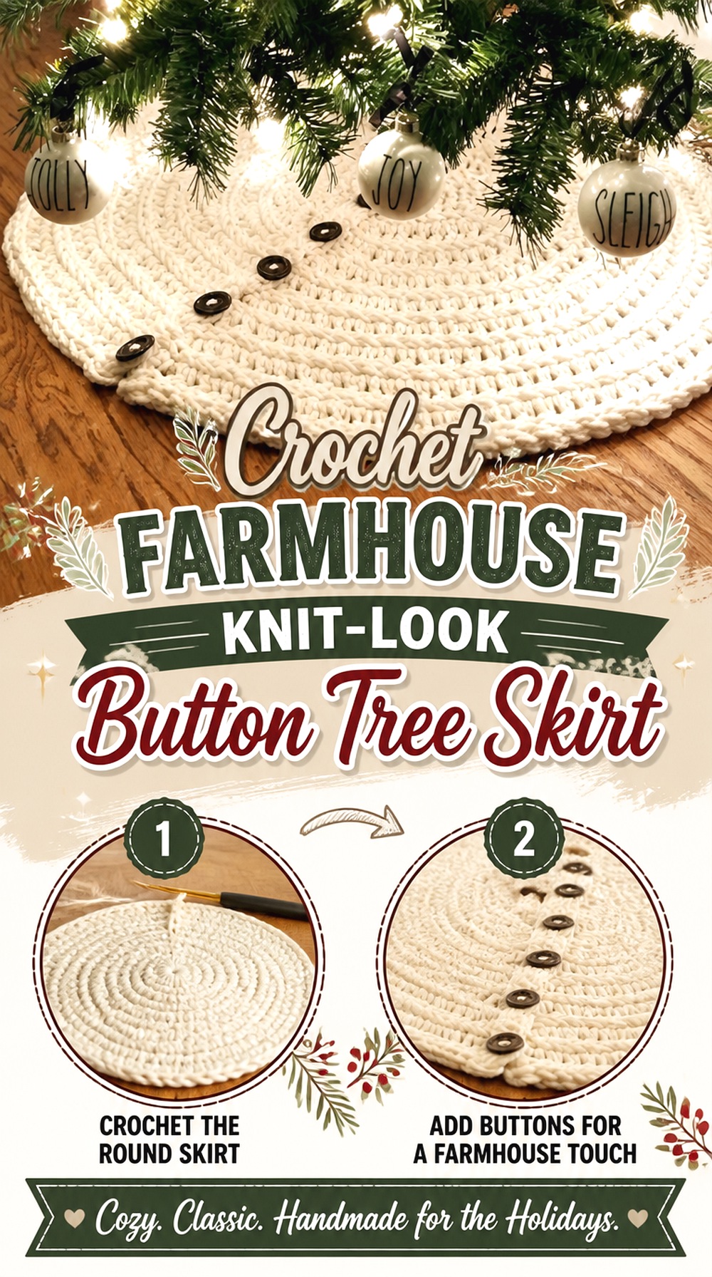 Crochet Farmhouse Knit Look Button Tree Skirt