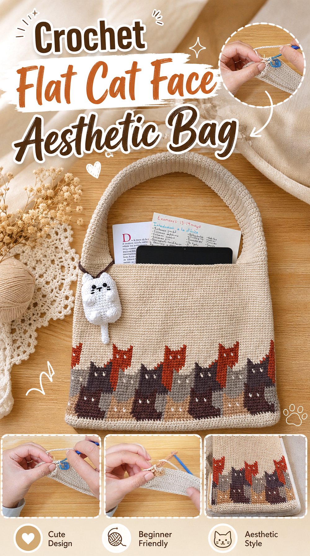Crochet Flat Cat Face Aesthetic Bag