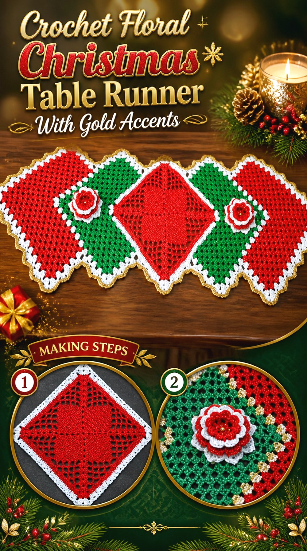 Crochet Floral Christmas Table Runner With Gold Accents