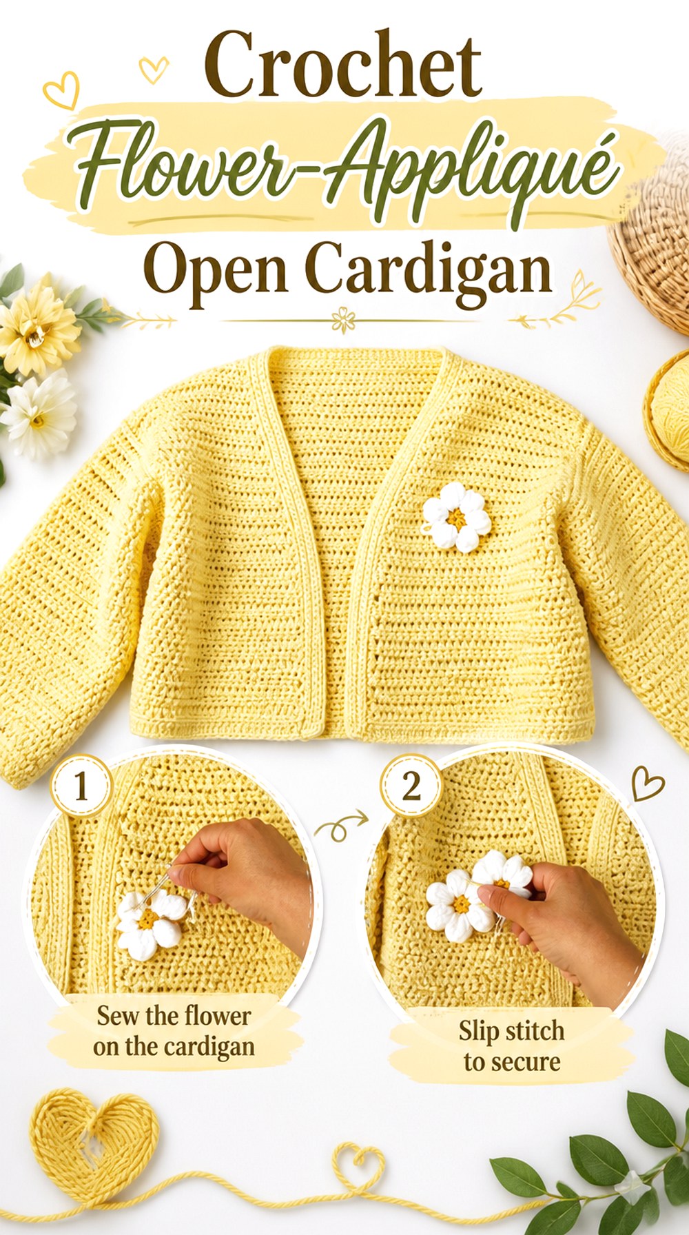 Crochet Flower Appliqué Open Cardigan