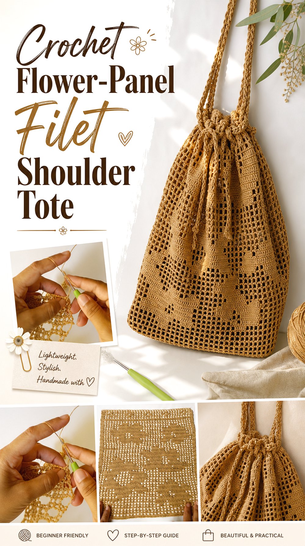 Crochet Flower Panel Filet Shoulder Tote