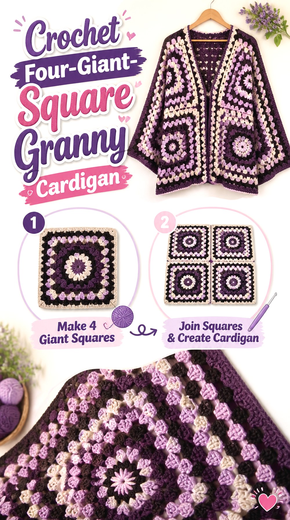 Crochet Four Giant Square Granny Cardigan