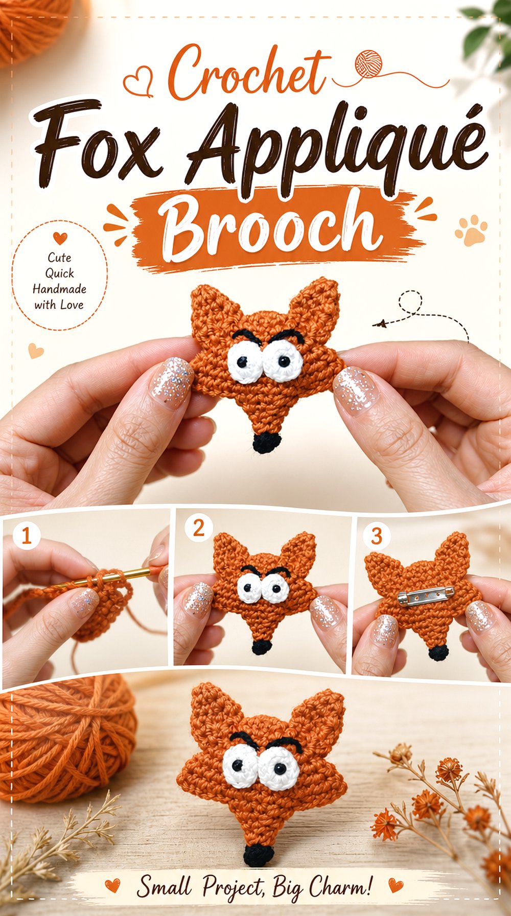 Crochet Fox Appliqué Brooch